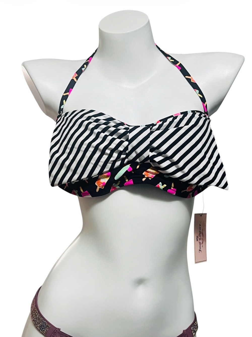 Juicy couture Striped Black & White Bandeau Bikini Top with Floral Trim size L